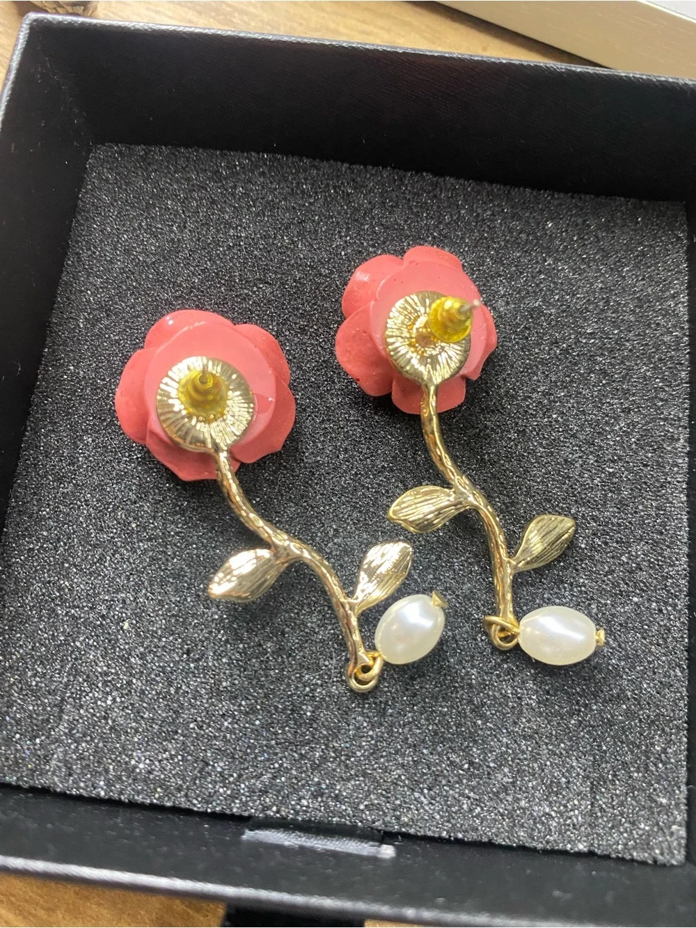 Vintage Inspired Red Rose Gold Stem Delicate Leaves Dangling Pearl Drop Earrings